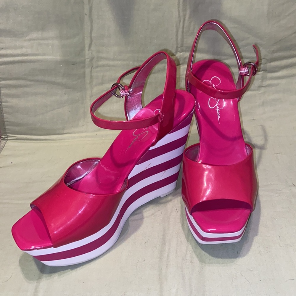 Jessica Simpson pink & white wedges with ankle strap.